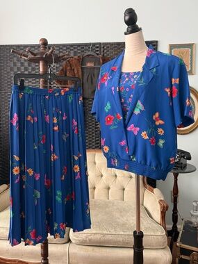 🌸🦋 Vintage Alfred Dunner 2-Piece Set Blue Floral Butterfly Skirt Blouse Large